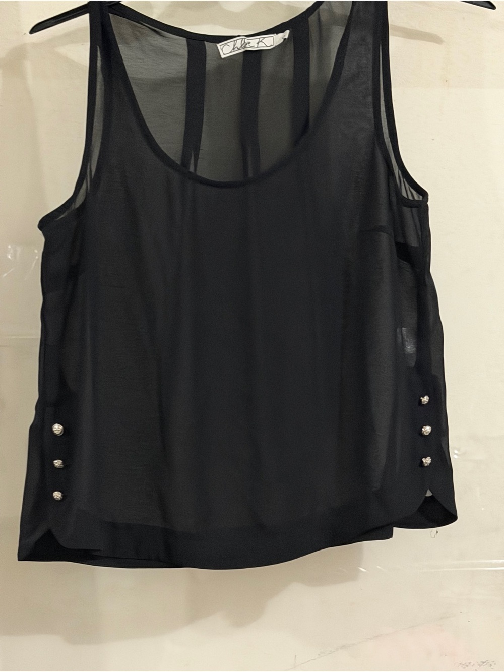 Chantecaille Black Sheer Sleeveless Tank with Side Button Accents